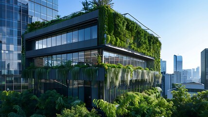 A modern office building with a rooftop garden and vertical green walls in an urban setting