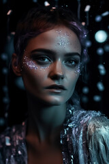 Young woman with glitter makeup in a dark, glowing environment. Studio portrait