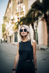 blonde woman wearing sunglasses and a black tank top stands on a city street. Concept of confidence and style, as the woman poses for the camera
