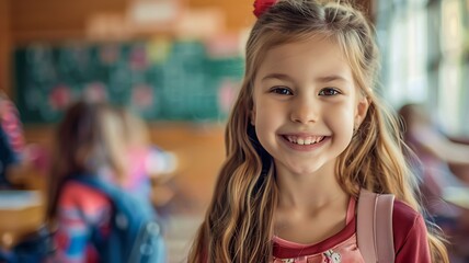 Fototapeta premium A little girl is smiling at school
