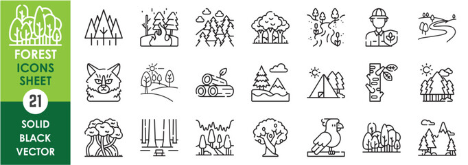 A set of line icons related to forest and woods. Forest, wood, forest fire, timber, branch, camping, tropical, river, flora and fauna, wild, birds, Siberia, and so on. Vector outline icons set.