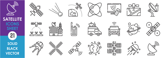 A set of line icons related to satellite. Planet, satellite, dish, smart farming, driving, walkie, planet, television, navigation and so on. Vector outline icons set.