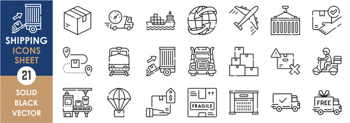 A set of line icons related to Shipping. Deliver, goods, shipments, package, risk, truck, train, container, free, paid, cargo, factory, and so on. Vector outline icons set.