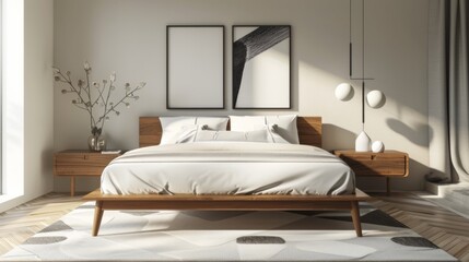 A minimalist bedroom with a platform bed, geometric rug, and minimalist artwork on the walls.