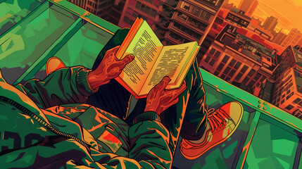 Pixel art vector-style image of the hands of a man in a sports jacket sitting on the edge of the roof hold a book against the background of his feet in sneakers and a city, top-down perspective.