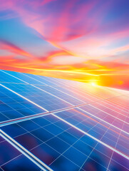 Solar panels glistening under a vibrant sunset, showcasing the beauty of renewable energy solutions and modern technology.