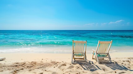 Serene beach setting with chairs placed on golden sand near the turquoise sea, ideal for a summer holiday