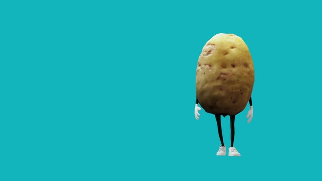 3D animation of a potato character walking on a solid background. Ideal for adding a fun and whimsical touch to advertisements, social media, and entertainment content.