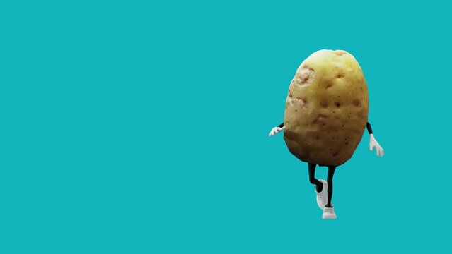 3D animation of a potato character running on a solid background. Perfect for adding a touch of humor and playfulness to social media, advertisements, and entertainment content.