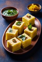 Popular Indian dish Traditional Food Sev Khaman Dhokla Served With Green Chutney & Chilli