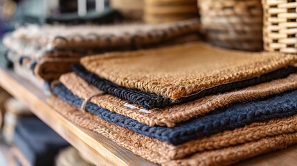 Handwoven Natural Fiber Rugs Displayed on Wooden Shelf in Artisan Market