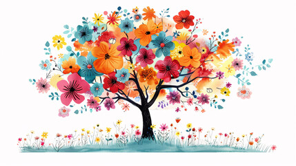 Cute decor element featuring a tree with colorful blossoms, on white background