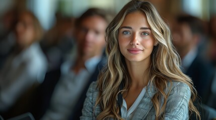 Fototapeta premium Businesswoman smiling during meeting with colleagues