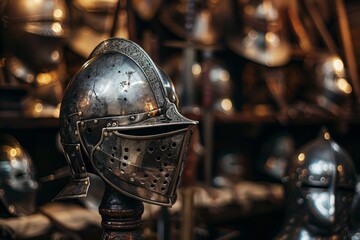 Fototapeta premium A detailed knight's helmet on a stand, with a softly blurred background of a medieval armory filled with weapons and armor. 