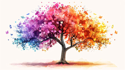 Cute decor element featuring a tree with colorful blossoms, on white background