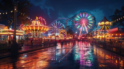 Naklejka premium Amusement park shining bright after rain at night
