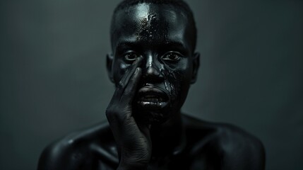 Fototapeta premium Expressive Portrait of African Man with Dark Skin in Dramatic Lighting and Intense Gaze