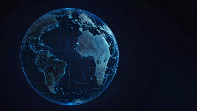 A blue and black globe of the Earth made of glowing lines.