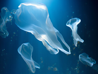 clear plastic waste in the depths of the sea