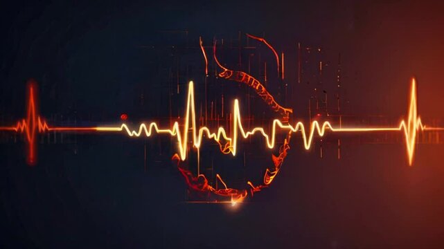 This is an illustration of a heart created with EKG-style lines in bright orange against a dark blue background.