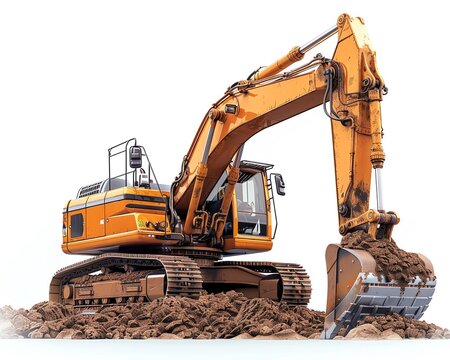 Excavator with a clamshell bucket, isolated on white, highlighting loading and unloading capabilities