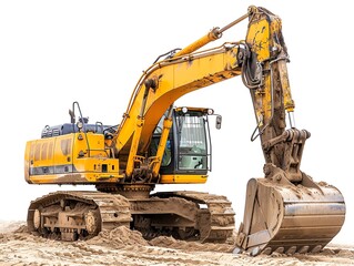 Excavator with a tiltrotator attachment, isolated on white, demonstrating advanced versatility