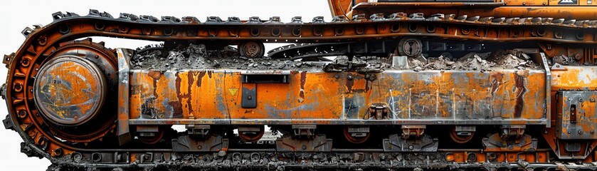 Naklejka premium High-resolution image of excavator tracks and undercarriage, isolated on white, showing rugged design