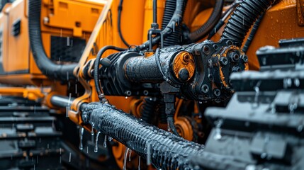 Macro shot of excavator hydraulic system, isolated on white, showing hoses and connections