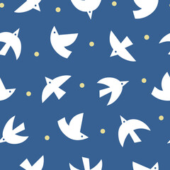 Abstract seamless pattern with white flying birds on dark blue background. Animal theme repeating wallpaper. Vector illustration. 