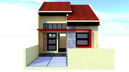 3D Illustration of a Small Red-Roofed House in Cream Paint - House Exterior