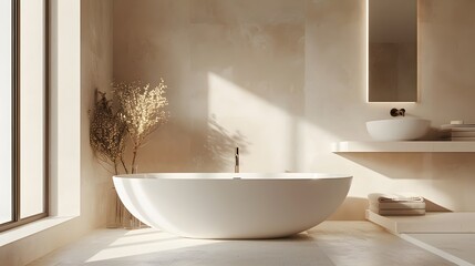 Serene Minimalist Bathroom with Freestanding Bathtub and Natural Light