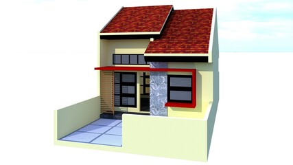 3D Illustration of a Small Red-Roofed House in Cream Paint - House Exterior