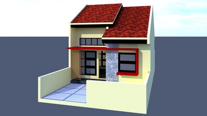 3D Illustration of a Small Red-Roofed House in Cream Paint - House Exterior