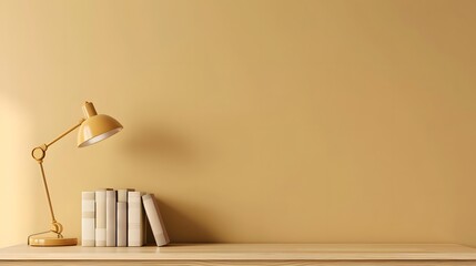 A minimalist desk with books and an LED lamp on it, set against a beige wall. Web banner with empty space to the right.
