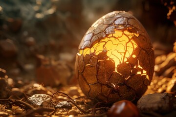 A dragon egg with cracks, with a softly blurred background of a fantasy cave 