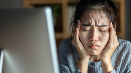 Tired teen girl rubbing dry irritable eyes feel eye strain tension migraine after computer work, exhausted young Asian woman student relieving headache pain, bad weak blurry vision, eyesight problem,