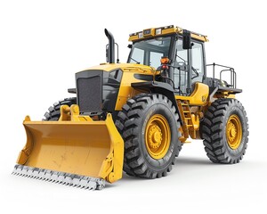 Fototapeta premium Detailed wheel loader with blade attachment, isolated on white background, snow removal equipment