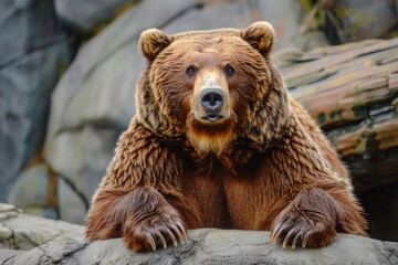 Obraz premium Bear Sitting. Grizzly Brown Bear with Sharp Claws in the Wild