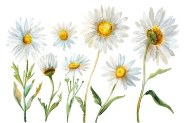 Daisy Illustration Set: Watercolor Meadow Flowers in White and Yellow Colors