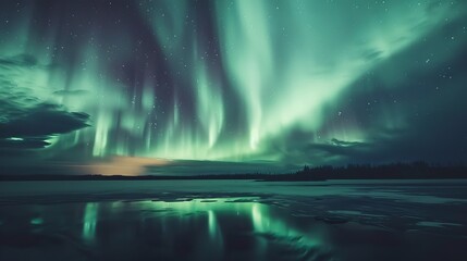 Green aurora borealis display over frozen lake at night