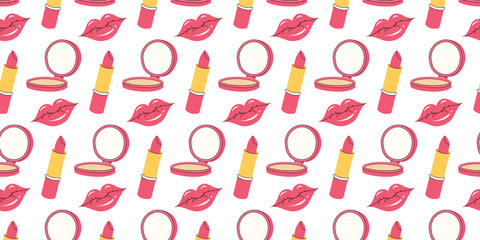 Seamless Female Pattern with Lipstick, Mirror and Lips. Happy Women's Day. Beautiful pattern on the theme of women, beauty. Cosmetic elements. Vector illustration in flat style.
