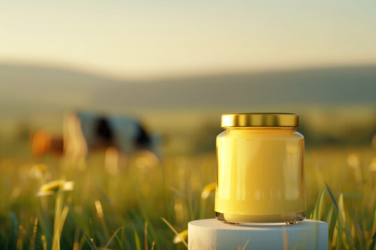 Ghee glass jar mockup, blurred meadow with cows on background
