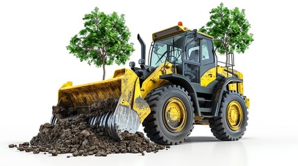Fototapeta premium Wheel loader with tree transplanter, isolated on white, landscaping tool