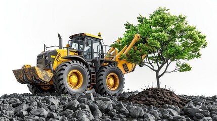 Obraz premium Wheel loader with tree transplanter, isolated on white, landscaping tool
