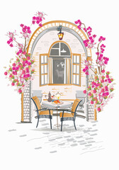 Series of backgrounds decorated with flowers, old town views and street cafes. Cafe window.   Hand drawn vector architectural background with historic buildings. 