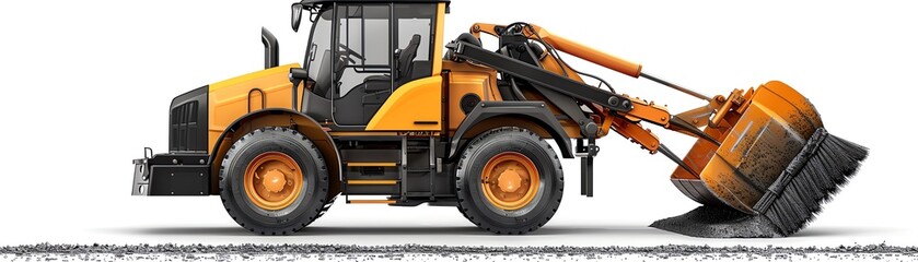 Compact wheel loader with angle broom, isolated on white, sweeping equipment