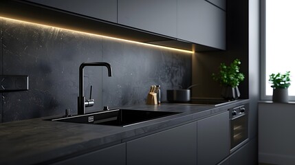 Sleek Modern Kitchen with Black Matte Finish and Under-Cabinet Lighting