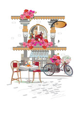 Series of backgrounds decorated with flowers, old town views and street cafes. Cafe window.   Hand drawn vector architectural background with historic buildings. 