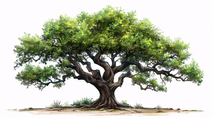 Detailed illustration of an oak tree with green leaves, on white background