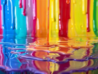 Close-up of colorful dripping paint creating a vibrant, artistic background with a reflective surface.